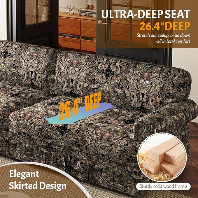 Luxury 3&amp4-Seater Sectional Couch Elegant Pleated Skirt Design and Rolled Arms 26.4 Extra-Deep Seat Couches for Living Room Apartment Soft Cushions &amp Sturdy Frame Oxford Sofa Black Flor