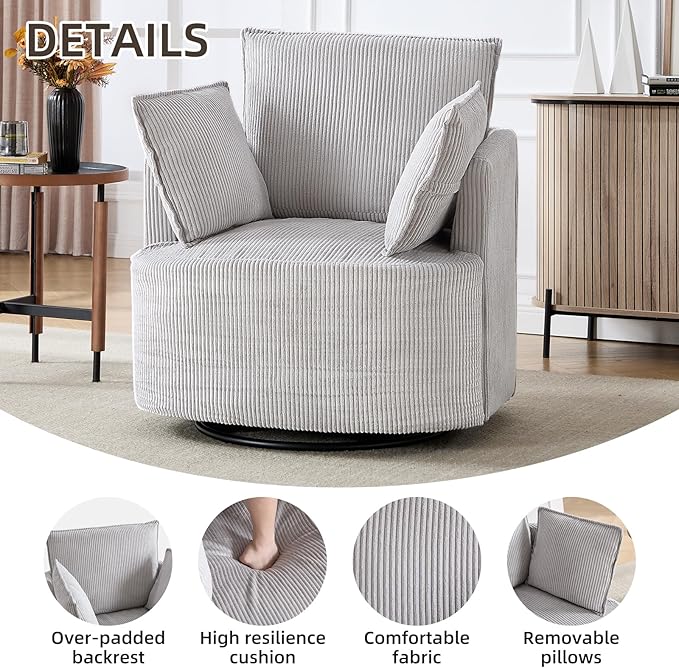 CANMOV Swivel Accent Chair Set of 2 360°Swivel Barrel Chair with 3 Pillows Comfy Corduroy Round Armchair Single Sofa Chair for Living Room Bedroom Reading Room Grey