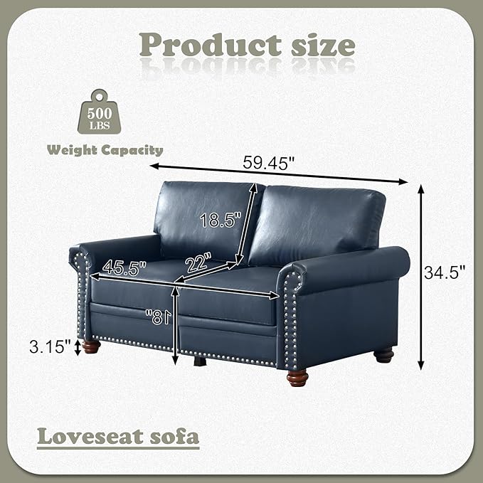 Antetek Comfy Upholstered PU Leather Sofa 59-inch Mid-Century Modern Loveseat Sofas with Storage Space &amp Solid Bun Feet Small Couches for Living Room Small Space Bedroom Navy Blue