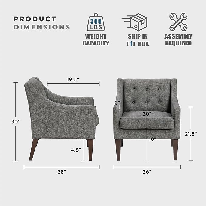 Lexicon Living Room Accent Chair Textured Fabric Upholstered Arm Chair with Button Tufted Back Sloped Arms and Wooden Legs Dark Gray