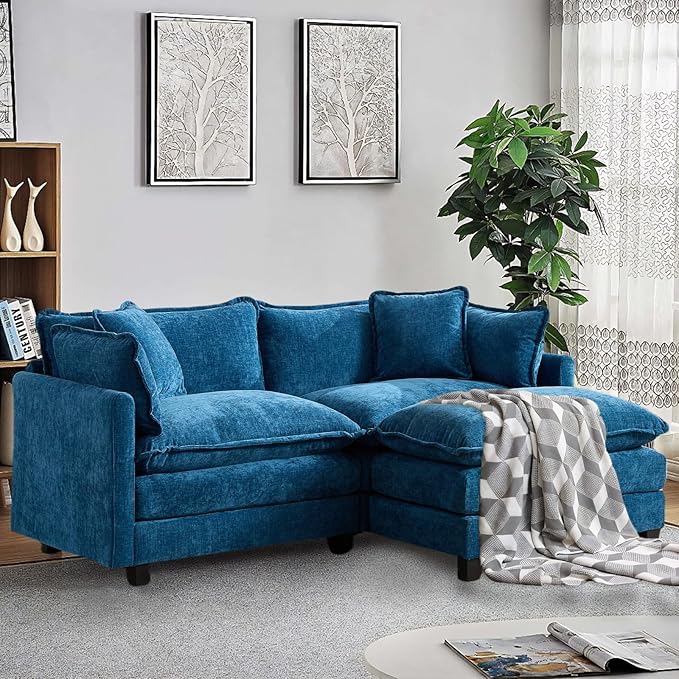 SoarFlash Chenille 77.95 Sectional Sofa Comfy L Shaped Modular Coush Sofa with Ottoman Modern 2 Seat Couch Deep Seat Sofa Set for Living RoomBlue