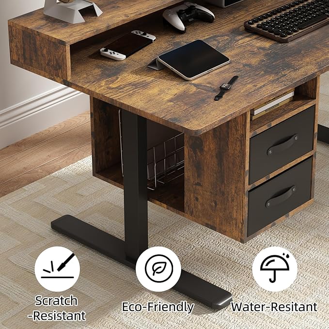 63x24 Inches Standing Desk with Drawers Electric Computer Desk with Open Storage Shelf Stand Up Desk Adjustable Height 28-46 Inches for Home and Computer Workstation Rustic Brown