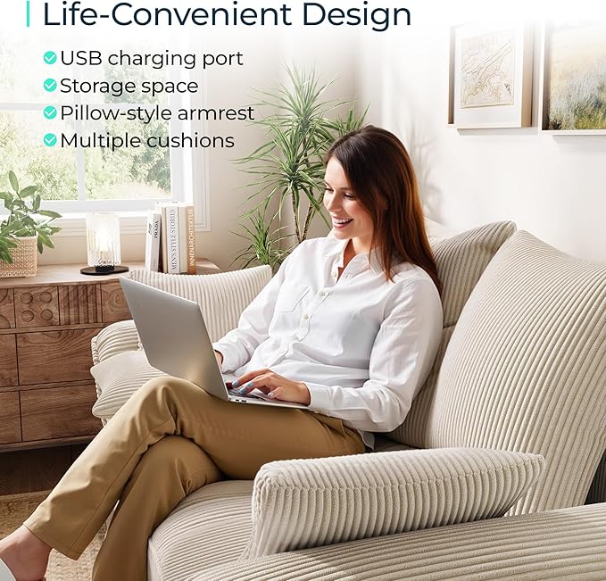 LINSY HOME 90.5'' Sectional Sleeper Sofa with Pull Out Couch Bed Modular (Beige 90.5'') | USB Charging Pillow-style Armrest Multiple Cushions Storage Chaise Corduroy Fabric