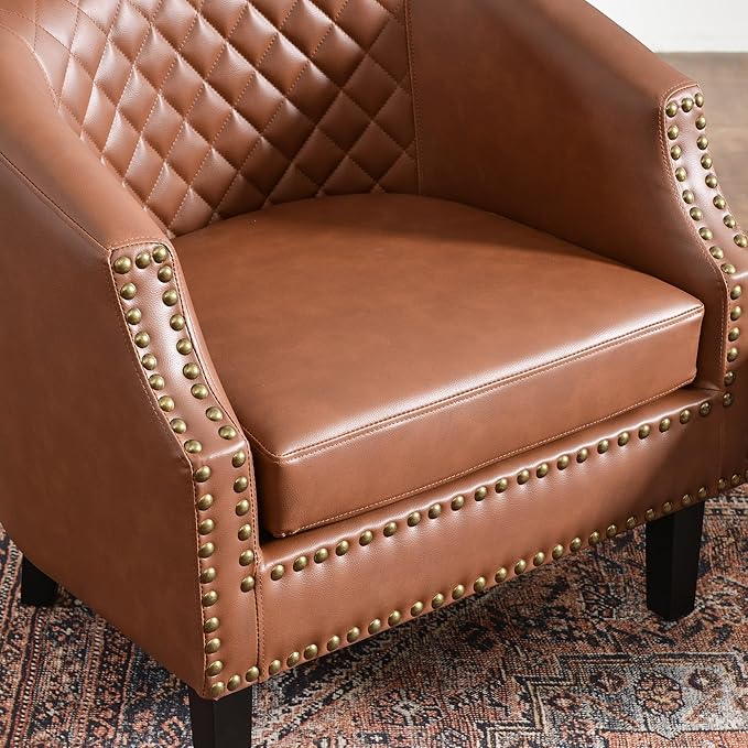 KINWELL Upgraded 29-inch Barrel Club Chairs Sloped Arm Design for Small Spaces Double Row Nailhead Trim Faux Leather Accent Chairs with Solid Wood Legs for Living Room (Mottled Mesh Brown)