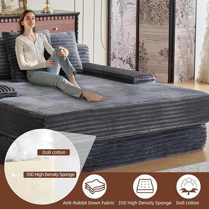 67'' Chaise Lounge Chair Indoor Oversized Upholstered Sofa Bed Modern Deep Seat Sofa Comfy Corduroy Sleeper Couch for LivingroomBedroomNo Assembly (Grey)