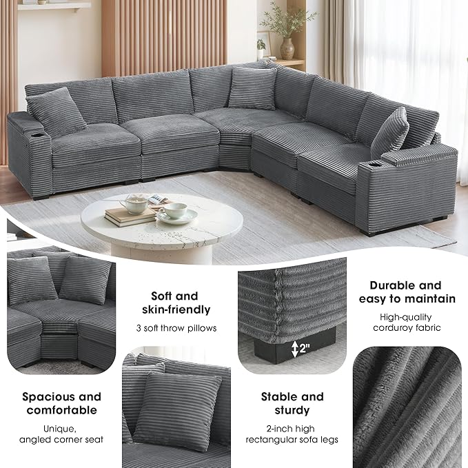 Merax 106 Corduroy Sectional Corner Sofa with Cup Holders &amp USB Charger 5 Seat Convertible L Shaped Couch Set with Armrest Storage Oversized Comfy Modular Sofabed for Living Room &amp Apartmen