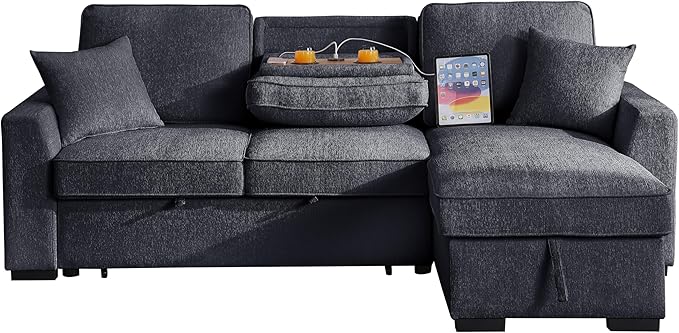 INSTORY Sectional Sleeper Sofa with Pull-Out Bed Drop-Down Table USB &ampType-C Port Cup Holders Dark Gray