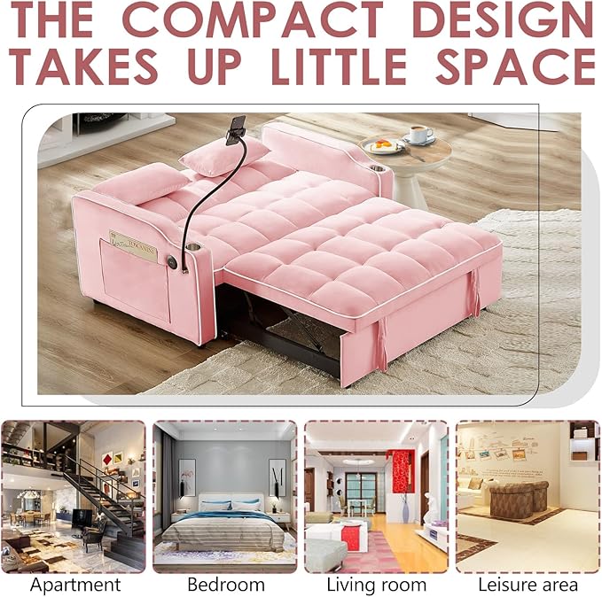 3 in 1 Convertible Sofa Bed Velvet Pull Out Couch Bed w/ Adjustable Back Love Seat Sleeper Beds w/ USB Ports &amp Cup Holders Phone Stand Full Size Futon Couch for Living Room Small Spaces (Pink)