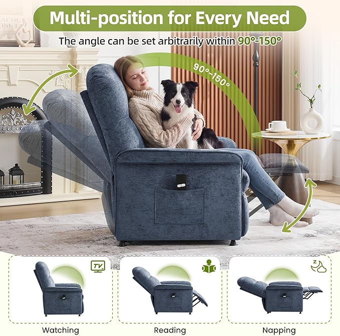 Power Recliner Chair with Remote Control 21 Wide Seat Small Recliners with Side Pocket for Adults Thick Cushions Chair for Living Room &amp Bedroom Blue
