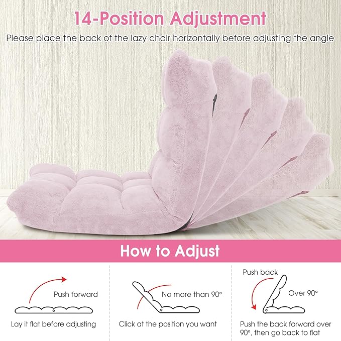 Giantex Floor Chair with Back Support 14 Adjustable Position Padded Sleeper Bed Couch Recliner Gaming Floor Chairs for Meditation Adults Living Room Gaming Chair Floor Light Pink