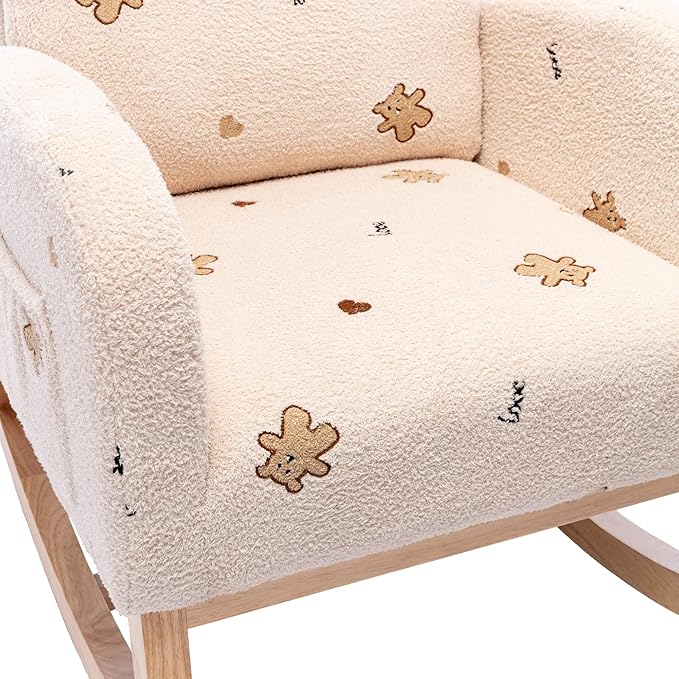 Nursery Chair 26.8 W Modern Rocking Chair for Nursery Mid Century Accent Rocker Armchair with Side Pocket Upholstered High Back Wooden Rocking Chair (Beige Boucle)