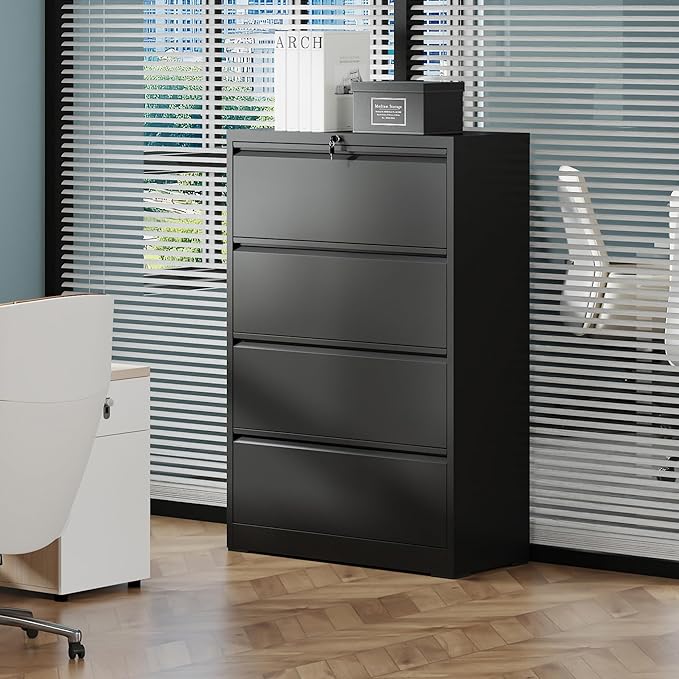 4 Drawer Lateral File Cabinet with Lock - Heavy-Duty Metal Filing Cabinet for Home Office Small Storage Cabinet Organizer with Under Desk Locking DrawersBlack
