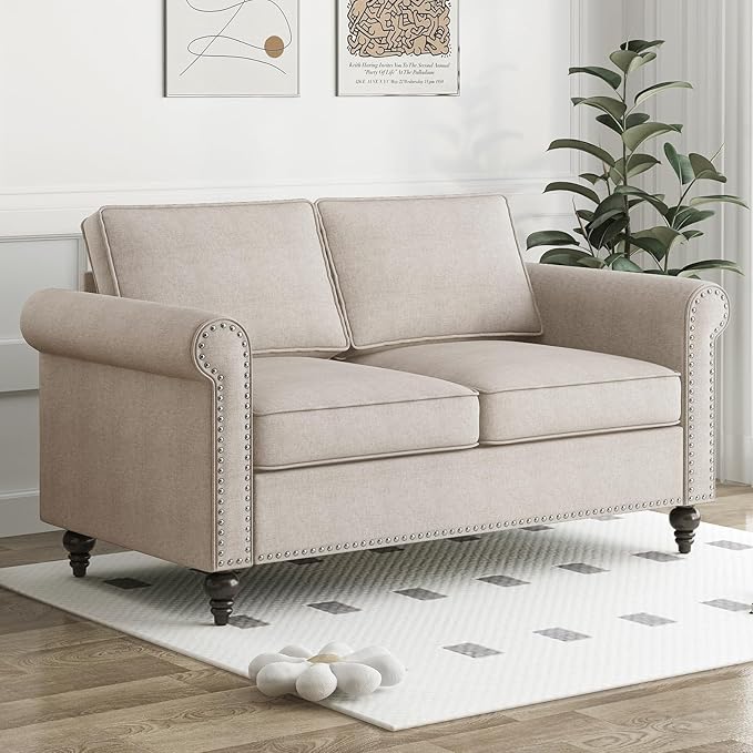 Loveseat Sofa Couches for Living Room 2 Sofa Seat for Small Spaces Mid Century Modern Couch with Armrest and Backrest Soft Cushion Sofa for Home/Office/Apartment - Beige