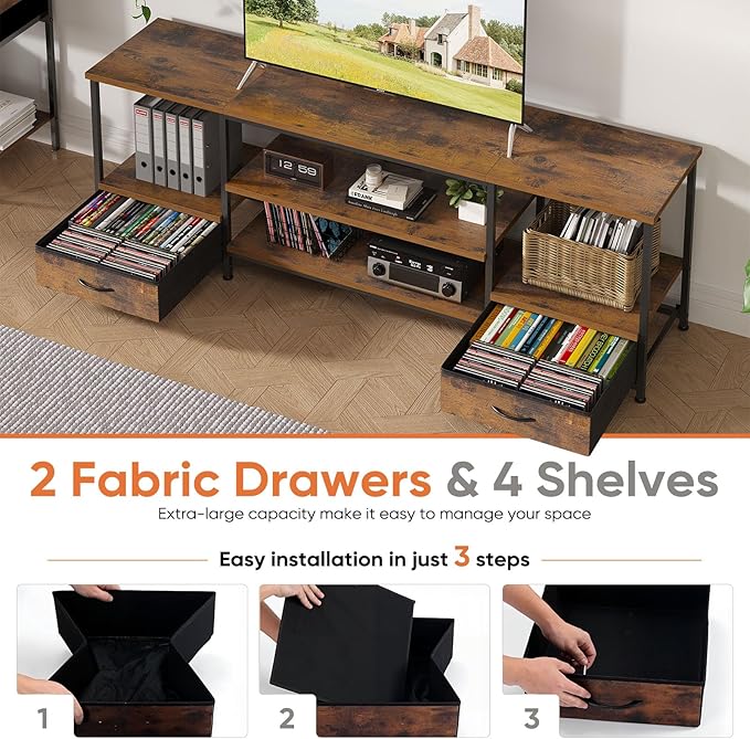 Sweetcrispy Entertainment Center with Stoage Wood TV Stand with Drawers for 75 Inch+ TVS Television Stands for Living Room Media Console with Charging Station Drawers Shelf Sturdy Frame 63'' Rustic