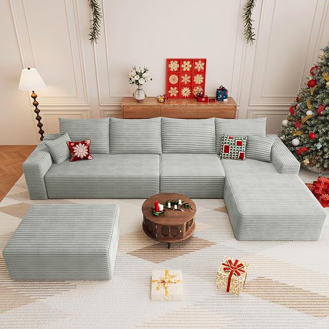 136 U Shaped Cloud Sectional Couch with Fluffy Corduroy Deep Memory Foam Seats Sofa with 1 Ottoman for Living Room No Assembly Required(GreyRight-Facing Chaise)