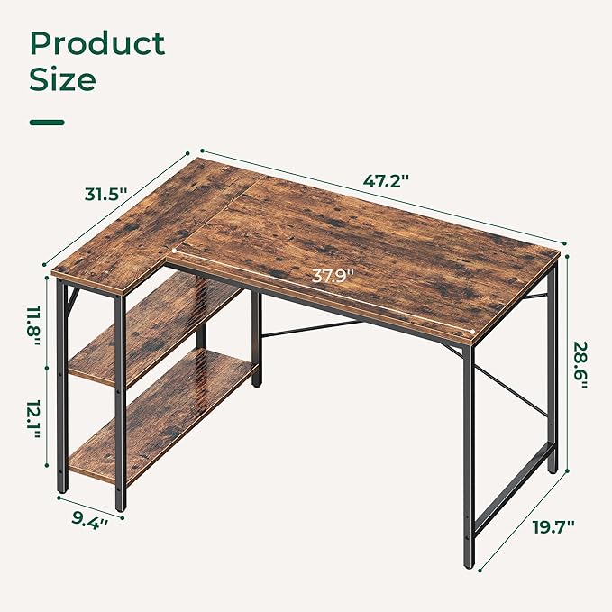 Huuger 47 Inches L Shaped Desk Computer Desk with Reversible Storage Shelves for Gaming Corner Home Office Writing Study Metal Frame Rustic Brown