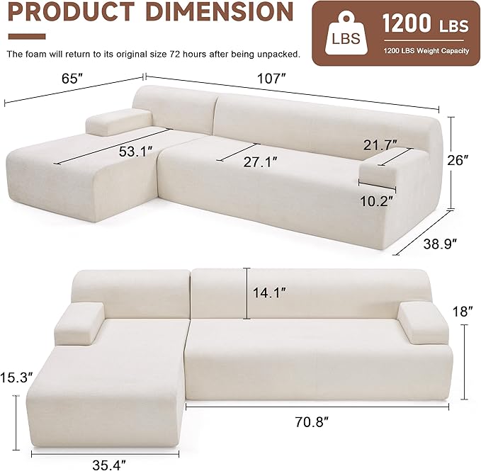 107 Modular Sectional Cloud Couch Boneless couches Sponge sectionals for Living Room High Density Sponges Sofa Modular L-Shape with Chaise Beige