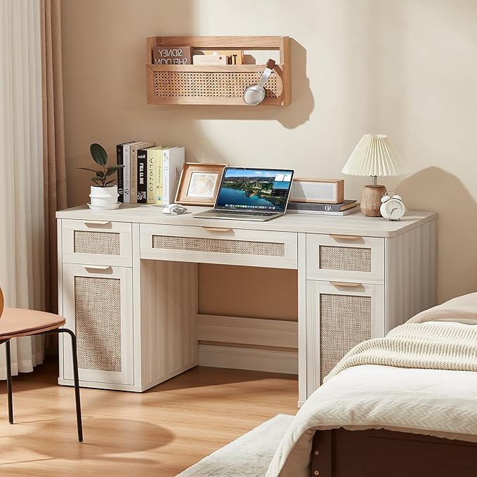 LEYAOYAO Office Desk 56 with 5 Drawers Storage File Cabinet Rattan Wood Desk for Computer Office Bedroom Home Furniture Light Gray