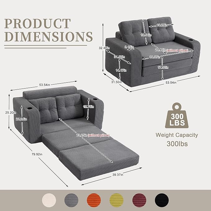 54 Convertible Sofa Bed 2-in-1 Boneless Folding Couch Bed with Cup Holder &amp Pocket Corduroy Fold Out Floor Couch with Pillows for Living Room Bedroom Small Spaces (Grey)