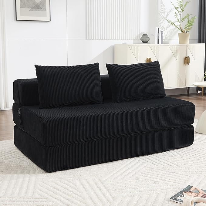 Folding Sofa Bed Full Size Modern Corduroy Floor Boneless Loveseat Couch Bed with 2 Pillows Comfy 3 in 1 Convertible Sleeper Sofa for Living Room Apartment Dorm Small Space Black