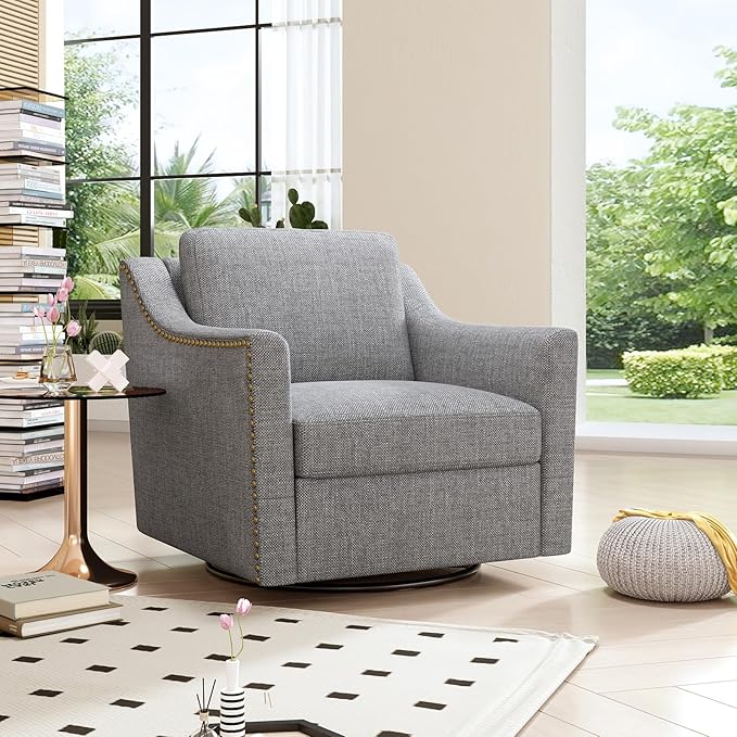 Cotton Linen Fabric Upholstered 360° Swivel Accent Chair Armchair with RivetsSquare Club Sofa Arm Chair with Metal Base Barrel Chairs for Bedroom Living Room Office (Light Grey)