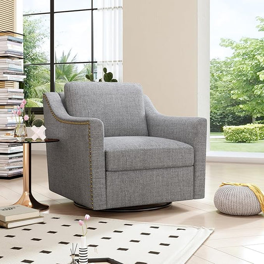 Cotton Linen Fabric Upholstered 360° Swivel Accent Chair Armchair with RivetsSquare Club Sofa Arm Chair with Metal Base Barrel Chairs for Bedroom Living Room Office (Light Grey)