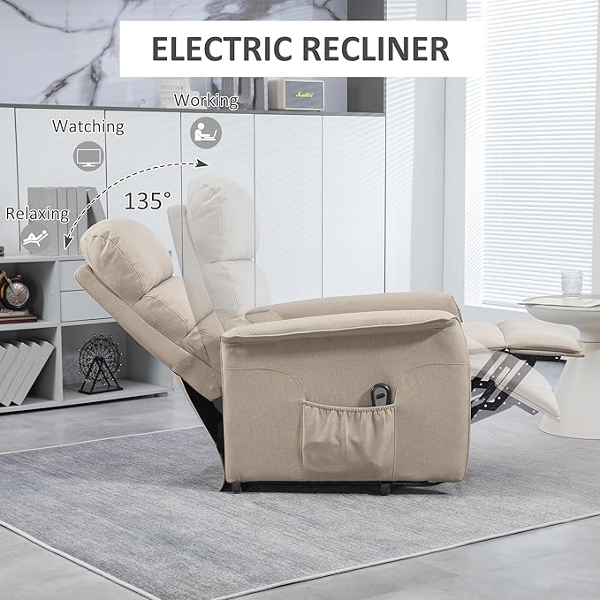 HOMCOM Power Lift Recliner Chair for Elderly Easy Assembly Fabric Lift Chair for Adults Recliner Sofa with Remote Control Side Pockets for Living Room Beige