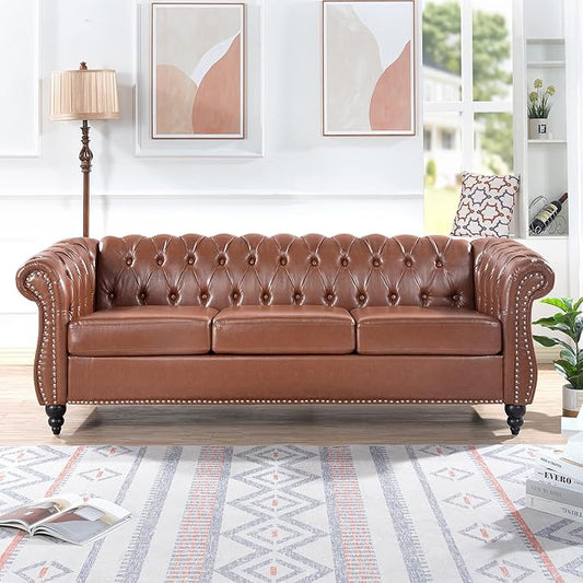 84.65''Chesterfield Sofa Mid Century Modern Tufted Sofas with Rolled Arms and Nailhead 3-Seat Upholstered Leather Sofa Couch with Solid Wood Legs for Living Room Office Brown PU