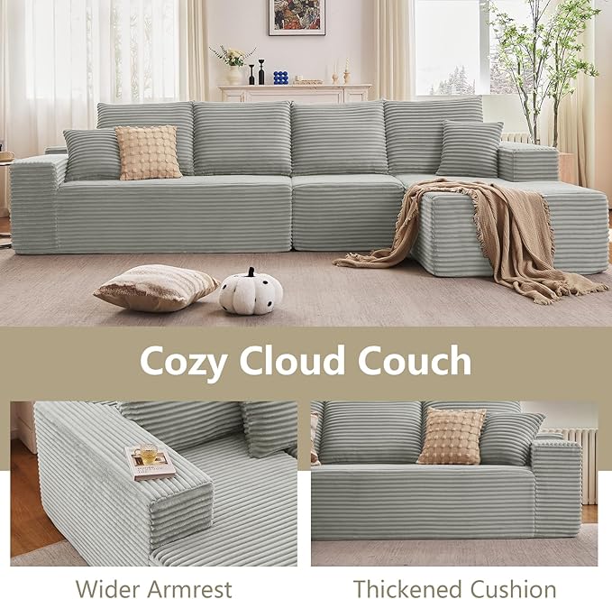 135 Cloud Sectional Couch with L-Shape Chaise Modern Modular Comfy Sofa Chaise Longue Upholstered Corduroy Couches Sleeper with Deep Seat for Living Room Bedroom No Assembly Required Grey