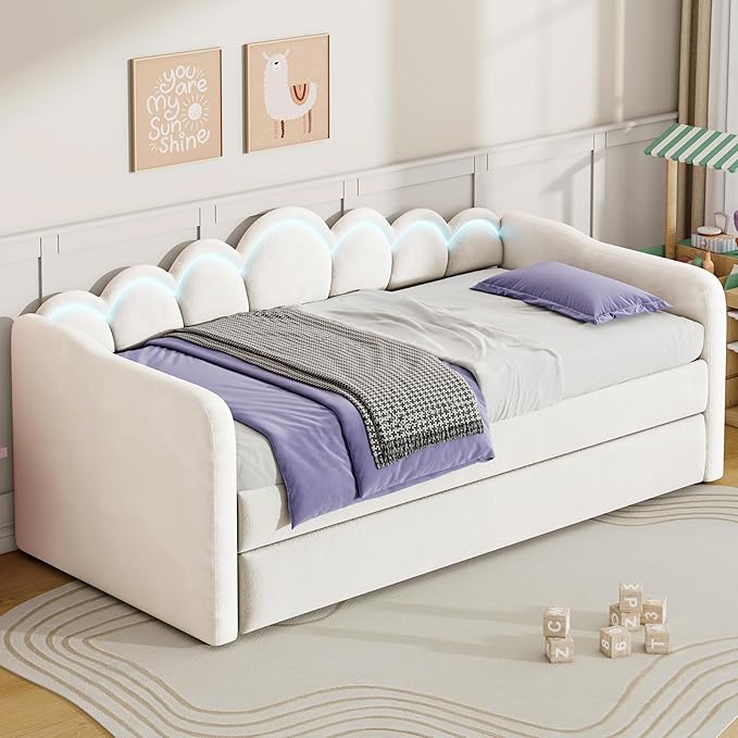 Bellemave Twin XL Size Upholstered Velvet Daybed with Trundle &amp Adjustable 7-Color LED Lights Trundle Can be Flat or Erected Space-Saving Guest Bed No Box Spring NeededWhite