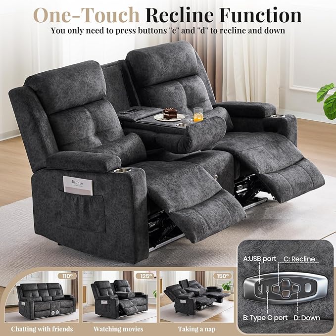 Power Reclining Loveseat Sofa with Bluetooth Function One-Touch Home Theater Seating Couch with LED Light/Console/StorageRV Wall Hugger Double Recliner for Living Room&ampHome Theater(Velvet Gray)