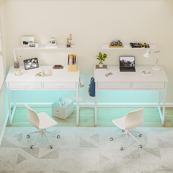 Pinmoco42 inch Writing Desk with 2 Fabric Drawers&amp RGB LED Light Study with Hanging Hook for Small Spaces Home Office White