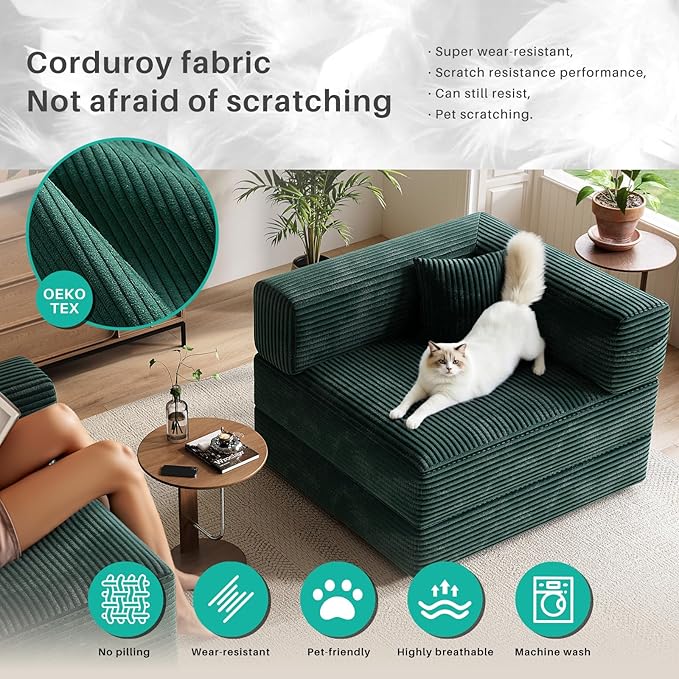 78 Compressed Convertible Sofa Bed Modular Corduroy Loveseat Sleeper with Fixed-Shape Frame Folding Mattress Couch with 2 Pillows for Living Room Bedroom Small Spaces No Assembly Needed Green