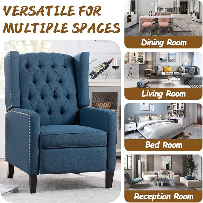 Wingback Recliner Chairs with Foldable Side Table&ampUSB Charging PortsMid Century Accent Single Sofa Small Recliner ChairModern Comfy Pushback Reclining Chair for Living Room (Polyester Blue)