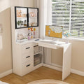 KEIKI L Shaped Home Office Desks with LED Light Glass Storage Cabinets USB Charging Ports Keyboard Tray Drawers Modern Wooden Gaming Computer Corner Table for Work Study Writing