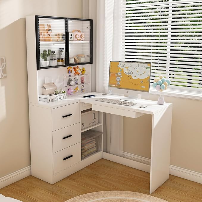 KEIKI L Shaped Home Office Desks with LED Light Glass Storage Cabinets USB Charging Ports Keyboard Tray Drawers Modern Wooden Gaming Computer Corner Table for Work Study Writing