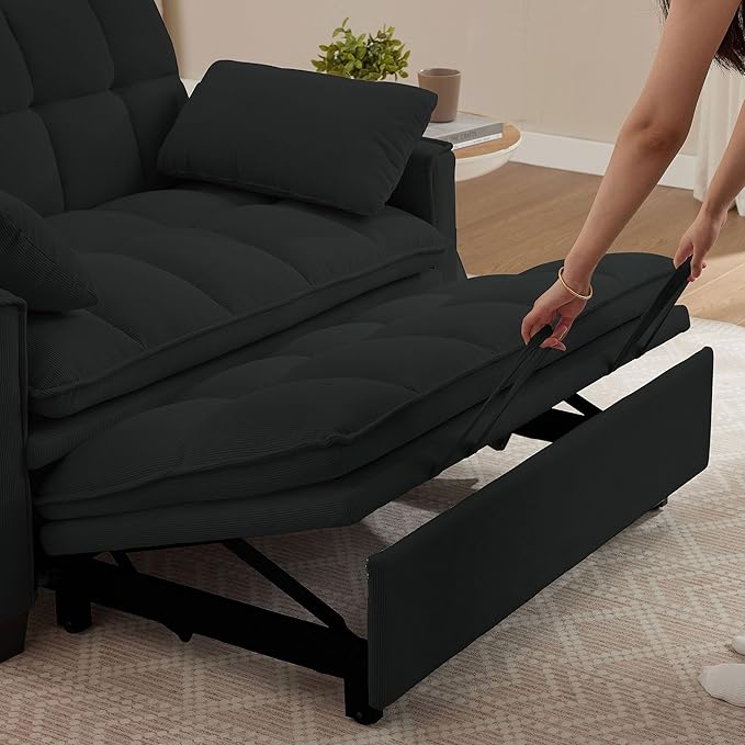 Folding Sofa Bed 3 in 1 Love Seat Couches Convertible Sleeper Chair with Storage Adjustable Backrest Pull Out Living Room Sofas Couch for Small Space Bedroom and Reading (Black)