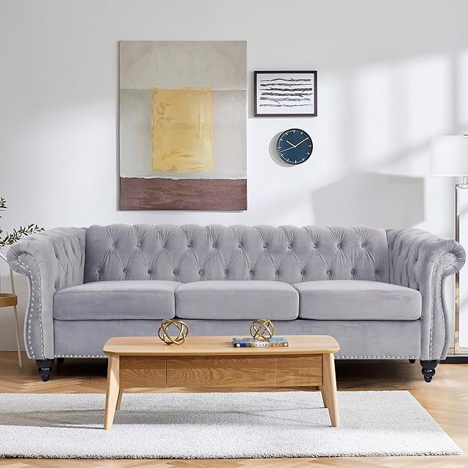 Chesterfield 3 Seater Sofa Sofa Couch with Rolled Arms Tufting Nailhead Trim Large Couch for Living RoomBedroom Office Apartment (Velvet Grey)