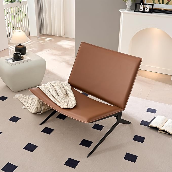 28.93 Comfy Leather Accent Chair Armless Single Sofa with High Backrest &amp Metal Legs Modern Upholstered Leisure Reading Chair for Living Room Home Office Small Apartment Brown