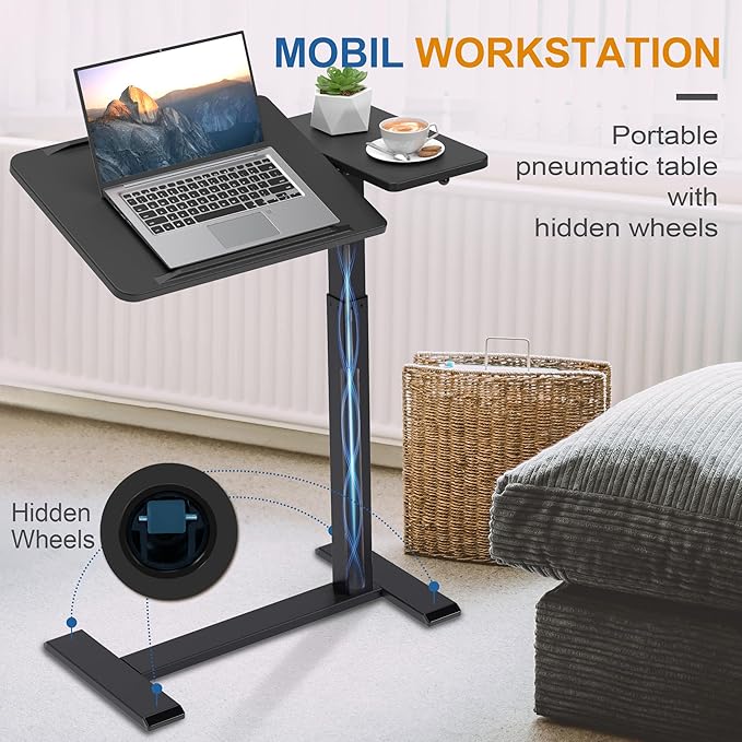 Adjustable Overbed Bedside Table with Hidden Wheels Pneumatic Tilt Board Rolling Laptop Standing Desk Cart Mobile Over Bed Sofa Chair Side End Tables Walnut (Black)