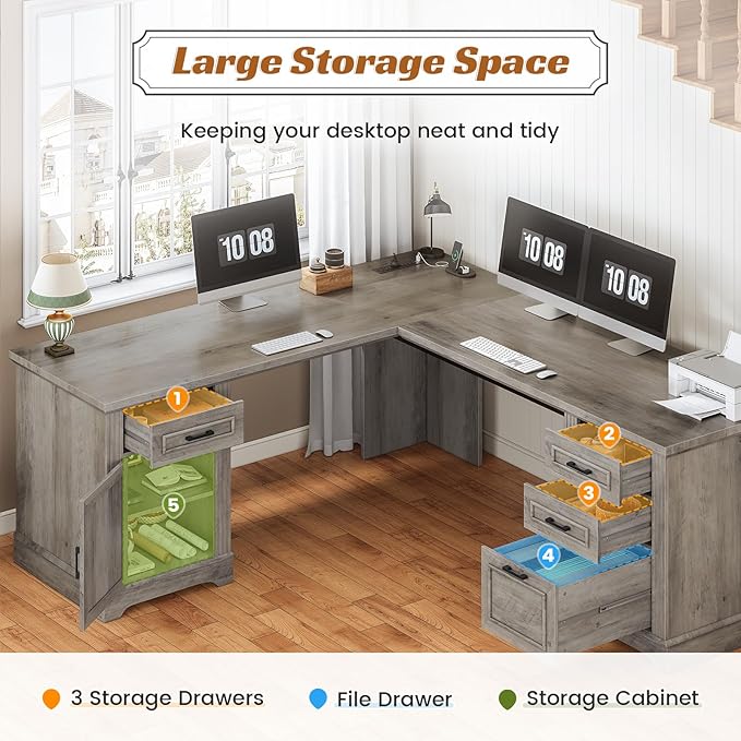 SEDETA 69 L Shaped Desk with Drawers and Storage Farmhouse Computer Desk with File Drawers and Power Outlet Corner Executive Desk with Storage Cabinet for Home Office Grey