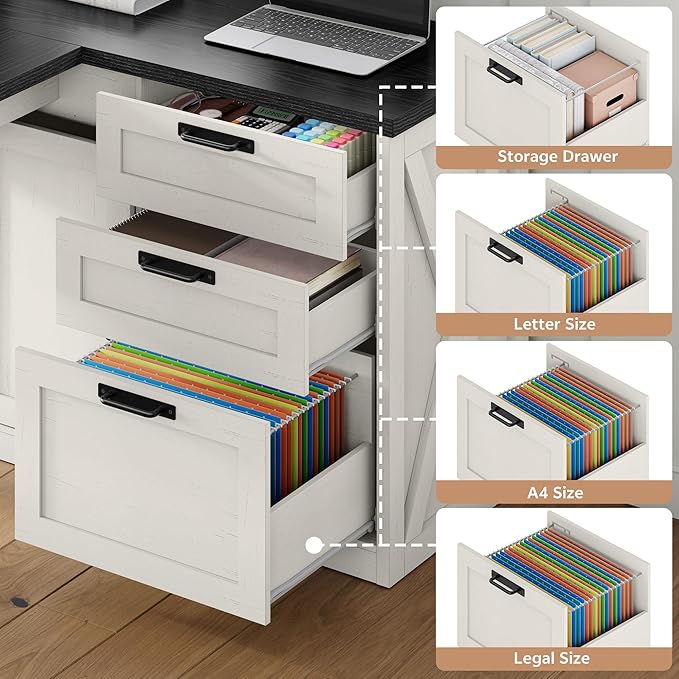 Farmhouse L Shaped Office Desk with Drawers 78 Inch L Shape Desk Executive Office Desk with File Cabinet Storage Shelves and Power Outlets for Home Office White and Black