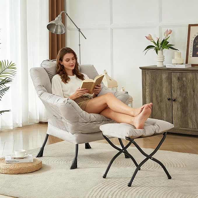 HollyHOME Lazy Chair with Foldable Ottoman Accent Comfy Lounge Armchair and Folding Footrest Stool Leisure Sofa Reading Chair and Footstool for Living Room Bedroom DormTextured Grey