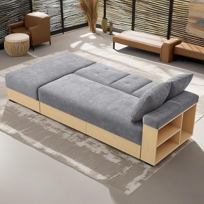 Sofa 84.65 Convertible Sofa Bed with Storage Ottoman Adjustable Armrest &amp Coffee Table - Perfect for Small Apartments 2 Drawers Soft Cotton Linen Fabric Solid Wood FrameGray