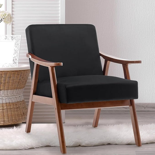 Accent Chair Mid Century Modern Chairs for Living Room Upholstered Comfy Armchair Bedroom Side Arm Chair with Rubber Wood Comfort Cushion and Wide Sitting