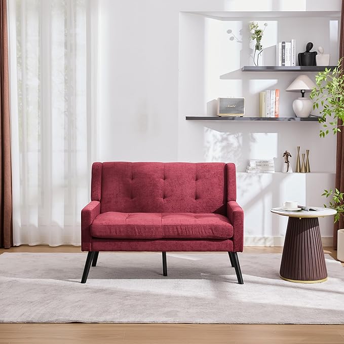 Mid-Century 47 Small Loveseat Sofa Plush Linen Fabric with Button Tufted High Back and Solid Wood Legs for Apartment Living Room Bedroom Home Office (Red 2-Seater)