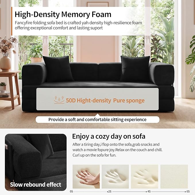78.8 Convertible Sofa Bed with Armrest Pillow 4-in-1 Sleeper Couch Bed for Livingroom Modular Corduroy Boneless couches No Assembly (Black)