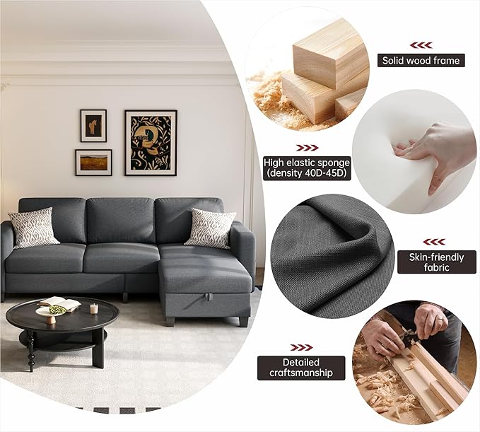 Youmumeub Sectional Couches for Living Room - Convertible Sofa and Storage Bench79''Modern Corner ConfigurationSuitable for Living Room Apartment Bedroom and Office-Dark Gray | Washable Covers Re