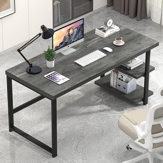 EXCEFUR Industrial Computer Desk Home Office Desk with Storage Shelves Wood Study Writing Table for Bedroom Living Room Grey 53 Inch