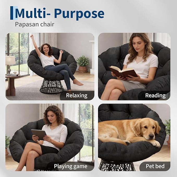 Garvee Papasan Chair 37 Ergonomic Wicker Papasan Chair with Extra-Thick Soft Fabric Cushion Heavy-Duty Steel Frame 360° Swivel Base for Living Room Bedroom &amp Reading Nook – All Black